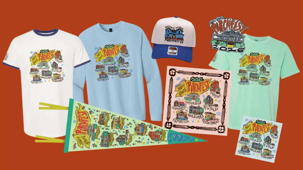 2026 Historic Athens Porchfest merch: ringer tee, crewneck sweatshirt, trucker hat, pin, pennant, bandana, tee, and sticker